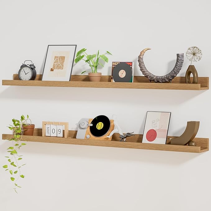 Heimlove Picture Ledge Shelf,48 inch Long Floating Shelves for Wall Set of 2,Picture Shelf with Lip for Wall Decor,Living Room,Bedroom,Bookshelf,Nursery,Perfume,Oak Color