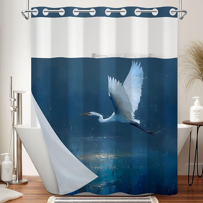 No Hook Shower Curtain and Liner Set, Flying Egret Coastal Bird Art Print - Navy Blue Waterproof Fabric Bath Curtain for Lake House Nature Inspired Bathroom Decor, Mesh Top, 71W x 74H