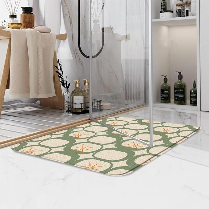 Mid Century Modern Bath Mat Abstract Atomic Geometric Retro 1950s Sage Green Bathroom Kitchen Toilet Rugs,18x30 Inch