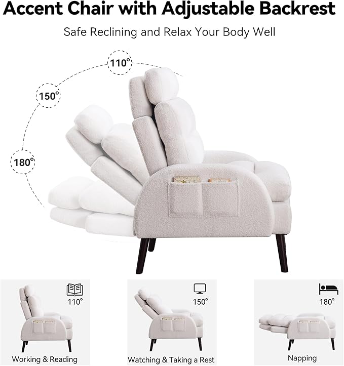 HCHAIRH Accent Chair with Ottoman Set, Comfy Reading Chair and Ottoman, Modern Oversized Lounge Armchair with Adjustable Backrest for Living Room Bedroom, Teddy White