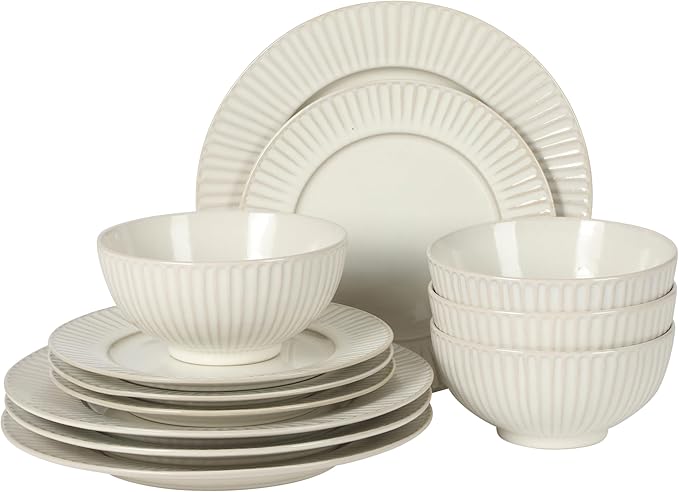Gibson Elite Soleil 12 Piece Linen White Stoneware Dinnerware Set for 4, Plates and Bowls Set with Dinner Plates, Salad Plates and Bowls