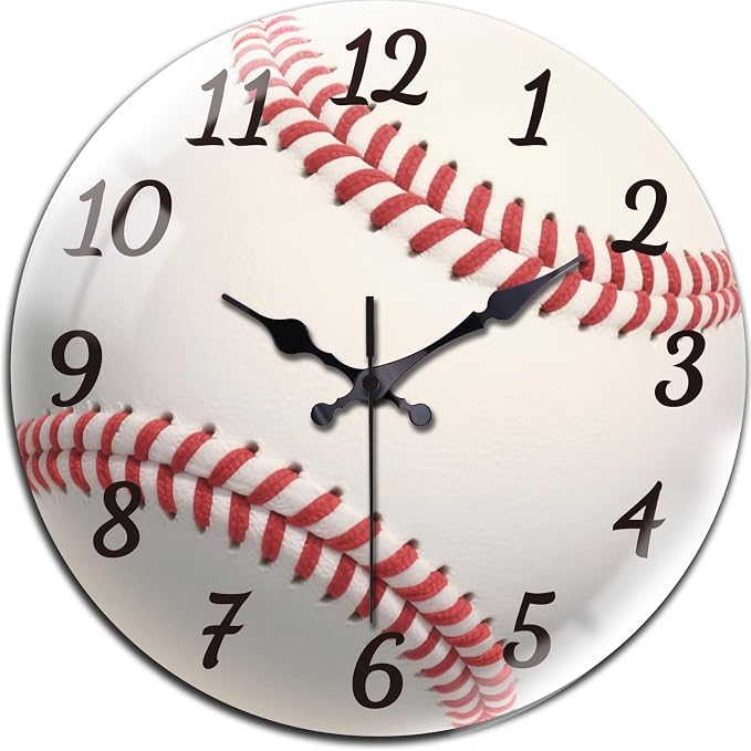 peacoblue Wall Clocks Battery Operated 12 Inch Baseball Glass Round Wall Clock Non Ticking for Kitchen Living Room Dining Room Bedroom and Bathroom Decor Accessories (Battery not Included)