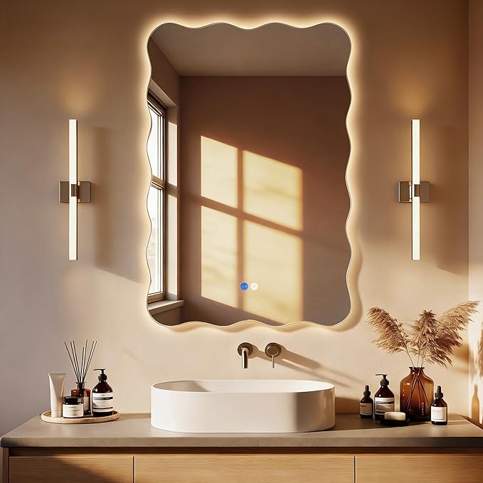 Wavy Led Bathroom Mirror- Vanity Mirror with Lights IP54 Enhanced Anti-Fog, 20"x30" Single Piece 3 Colors Dimmable, Memory,Tempered Glass,UL Listed