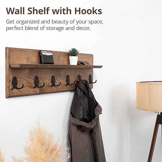Rustic Wall Mounted Coat Rack with Shelf Wooden Entryway Organizer with 5 Metal Hooks for Coats Hats Towels Keys Floating Storage Shelf for Bathroom Bedroom (Walnut, 40 inch (7 Hooks))