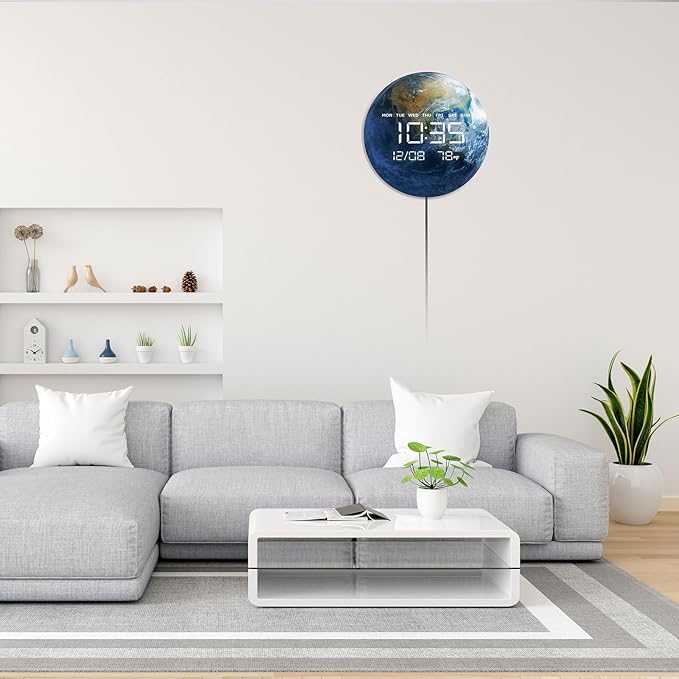 Digital Wall Clock, LED Moon/Earth Design, Temperature Display, 7.87 x 7.87 inches (Earth, 12.59 INCH)
