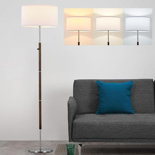 ELYONA Dimmable Floor Lamp Walnut Wood Grain & Brushed Nickel Standing Lamp Mid Century Modern Coner Pole Lamp with White Fabric Shade & Rotary Switch for Living Room Bedroom Office,LED Bulb Included