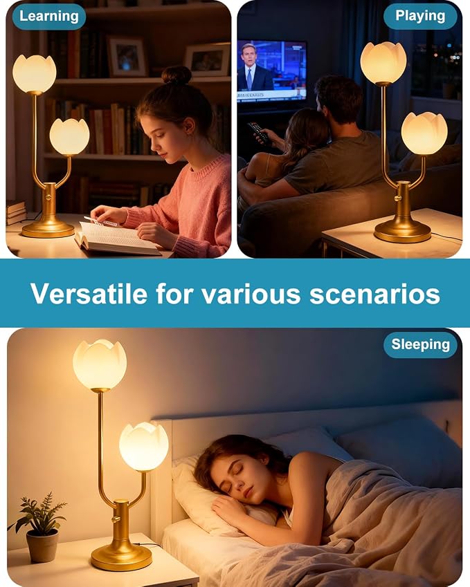 Lightdot Gold Flower Table Lamp for Bedroom, 2 Floral Heads 3000K Warmwhite Dimmable Bedside Lamps with Plug, Mid Century Modern Small Desk Lamp for Living Room Nightstands Home Office