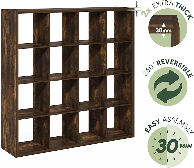 Furinno Cubicle Book Shelf, 16-Cube Bookshelf, Extra Thick Frame Reversible Bookcase with Open Back, 14.6" x 58" x 58", for Living Room, Bedroom, Home Office, Amber Pine