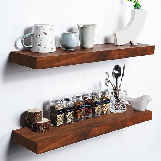 Walnut Wood Floating Shelves,Thicker and Wider Sturdy Wood Shelf for Wall Mount,Great for Bathroom,Bedroom,Kitchen and Living Room Decor,24 x 6 x 1.5 inch, Set of 2 (Walnut, 24")