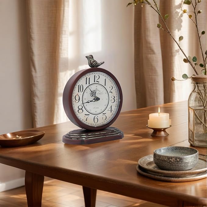 HZDHCLH Vintage Table Clock with Bird,Retro Mantel Clock Battery Operated,Metal Clock for Living Room Shelf Desk Table Fireplace Decor (Rufous)