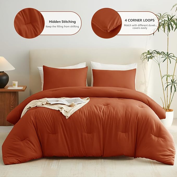 CozyLux Twin Comforter Set College Dorm Essentials, 2 Pieces Burnt Orange Twin Extra Long Solid Bedding Sets, Terracotta Bed Set with Down Alternative Comforter and 1 Pillowcase, Back to School Gift