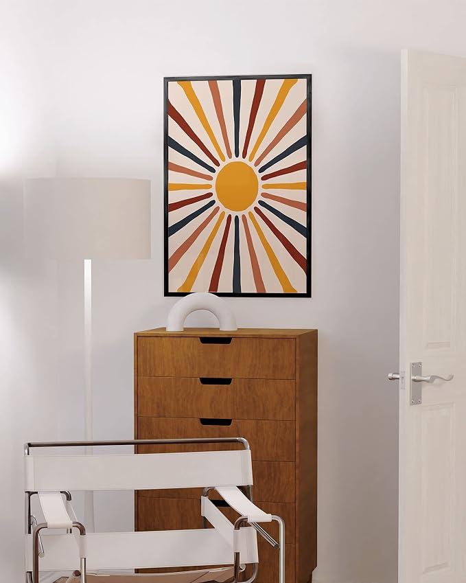 HAUS AND HUES Mid Century Modern Boho Poster - Sun Art Print, Boho Picture for Wall, Centered Yellow Sun Rainbow Rays (Framed Black 24x36)