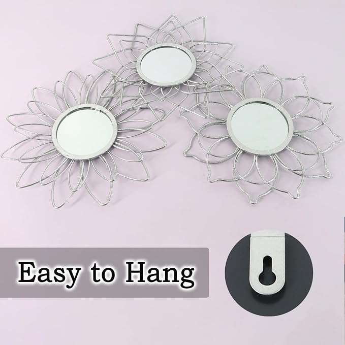Silver Mirrors for Wall, 9 inch Metal Flower Mirrors Home Valentine Decoration, Valentine Wall Art Decorative Mirror Small Mirror for Living Room Bedroom, Entrance Set of 3