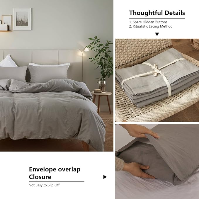 FALUCA French Linen Blend Duvet Cover Set 3Pcs King (104"x92") - Soft, Breathable, Cooling Farmhouse Bedding for Hot Sleeper (King, Light Grey)