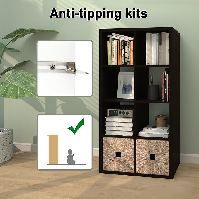 CTESNE【2026 Wooden Thick Frame 8 Cube Storage Organizer Shelf with Anti-Tipping Kits + Reversible Open Back Bookcase, Horizontal and Vertical Dual-use（Chocolate,11inch）