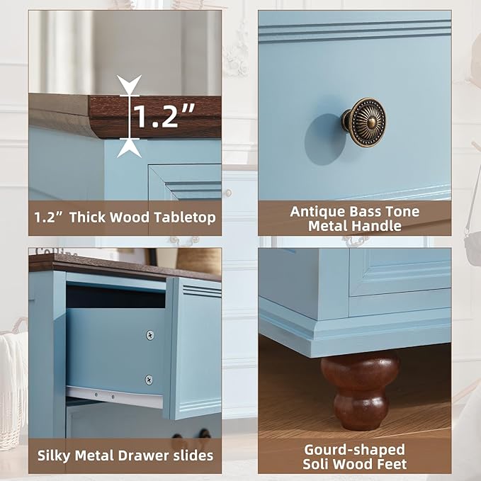 Farmhouse 6 Drawer Dresser Set of 2 for Bedroom, 42" Tall Rustic Chests of Drawers w/ 4 Solid Wood Feet, Mid Century Vintage Wooden Closet Storage Dressers Organizer for Living Room,Light Blue