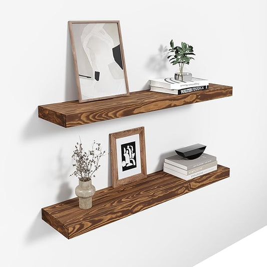 24'' Pine Wood Floating Shelves for Wall- Set of 2 - Rustic Wall Mounted Wooden Shelf for Stylish Home Décor (Light Walnut, 24x6.5x1.25), 2pcs