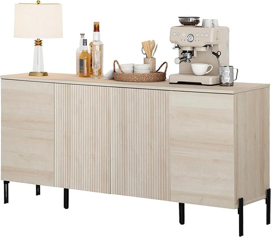 WAMPAT Fluted Buffet Cabinet with Storage, 61.5" Large Sideboard Cabinet with 4 Doors, Modern Buffet Table Coffee Bar Wine Bar Storage Organizer for Kitchen, Dining Room, Beige