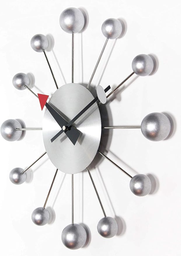 Infinity Instruments Orb Spoke Midcentury Modern 15 inch Retro Starburst Ball Wall Clock Quiet Quartz Movement Mid Century Modern Decorative (Silver)