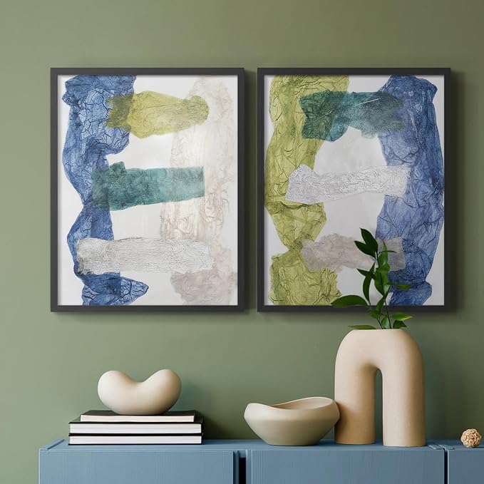 Renditions Gallery Set of 2 Peel & Stick Framed Prints, Elegant Abstract Wall Art, Dyed Cloth Texture Wall Decor, Re-Stickable - Ready to Hang - 8"x10" - Black Frame LT588