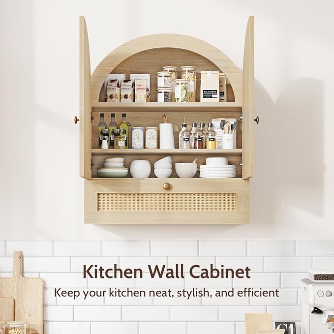 Arched Bathroom Wall Cabinet, Rattan Medicine Cabinet with Drawer, Wall Mounted Hanging Above Toilet Storage Cabinet, Natural 4-Tier Small Over The Toilet Storage Cabinet with Door for Kitchen Laundry