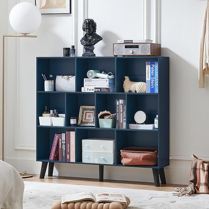LEYAOYAO 10 Cube Bookshelf,3 Tier Modern Wide Bookcase with Legs,Mid-Century Wood Bookshelves Storage，Dark Blue Large Book Case,Freestanding Organizer Display Shelf for Bedroom,Living Room,Office