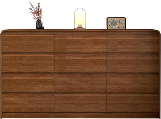 12 Drawer Dresser For Bedroom 63 Inch Wood Chest of Drawers - Curved Anti Collision, Mid Century Dresser For Closet with Natural Texture & Pre-Embedded Slots for TV Stand, Living Room, Nursery