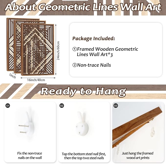 CHDITB Boho Geometric Wood Wall Art(Set of 3, 16"x24"), Large Modern Wooden Panel Hollow Line Art Decor, Rustic Abstract Minimalist Wall Hanging Artwork for Bedroom Living Room Office