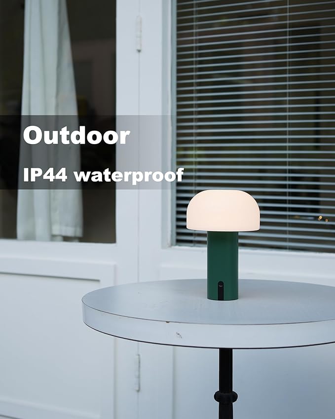 Cordless Mushroom Table Lamp, Waterproof Shower Lamp, Battery Operated Table Lamp Rechargeable, Touch Dimmable Night Light for Bedroom/Patio/Camping/Dinning/Outdoor (Green)
