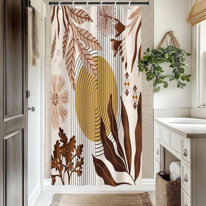 Mid Century Boho Shower Curtain for Bathroom Brown Leaves Orange Sun Arch Stripes Floral Shower Curtains Vintage Abstract Bathroom Set Decor Washable Waterproof Polyester Fabric with Hooks 36x72 Inch