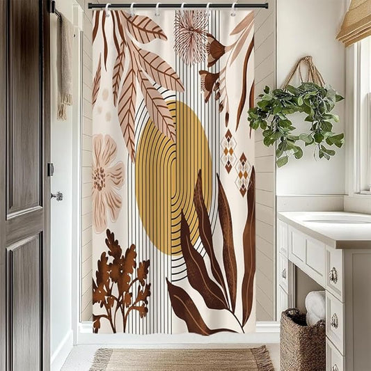 Mid Century Boho Shower Curtain for Bathroom Brown Leaves Orange Sun Arch Stripes Floral Shower Curtains Vintage Abstract Bathroom Set Decor Washable Waterproof Polyester Fabric with Hooks 36x72 Inch