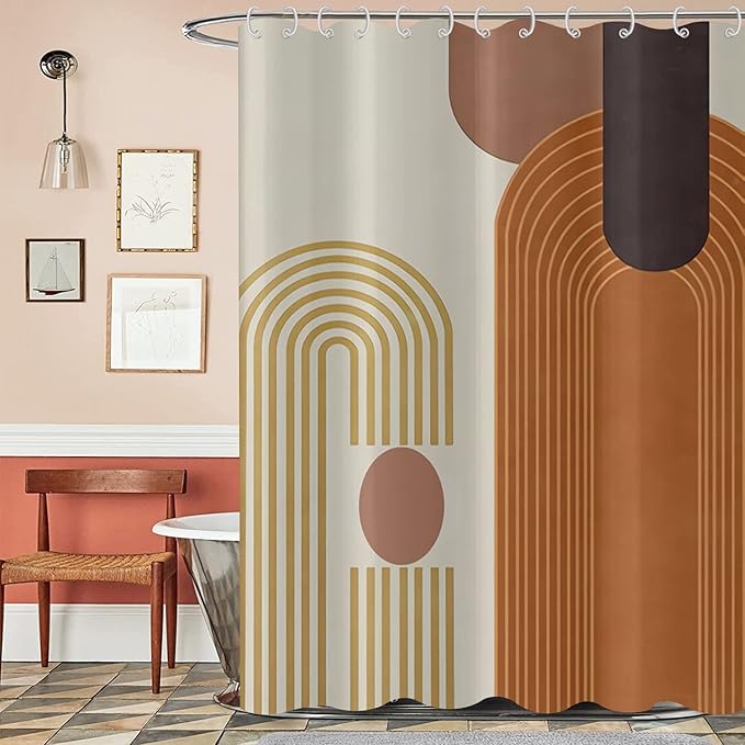 Mid Century Modern Shower Curtain, Boho Brown Abstract Arch Geometric Machine Washable Waterproof Stall for Bathroom Bathtub with Hooks 60Wx72H