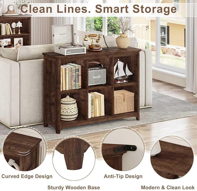 BON AUGURE 6 Cube Storage Bookshelf, Horizontal Wooden Bookcase with Curved Edge, Floor Standing Cubby Organizer for Living Room, Bedroom & Home Office (Rustic Oak)