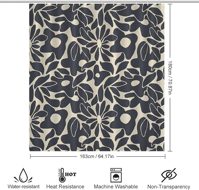 Mid Century Abstract Flower Shower Curtain Vintage Boho Black Floral Art 70s Pattern Washable Waterproof Fabric for Bathroom Decor Bathtub with 12 Hooks 66x72in（168x183cm）