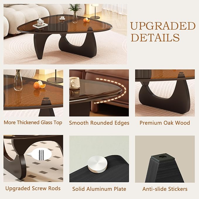 Coffee Table for Living Room Mid Century Modern Center Small Table with Glass Top and Wood, Black Brown