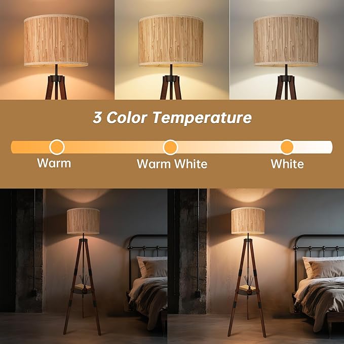Floor Lamps for Living Room Tripod Floor Lamp Natural Raffia Straw Shade Tall Standing Lamp, Dimmable Industrial Reading Light for Living Room, Bedroom, Office