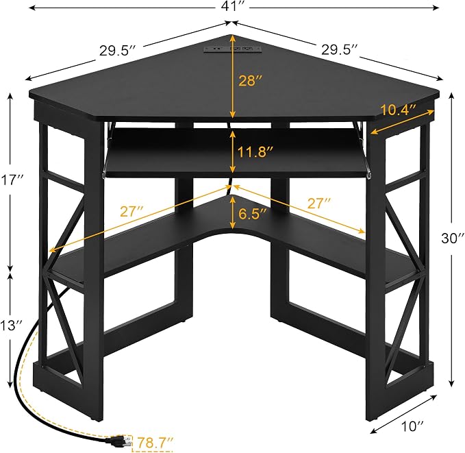 VECELO Corner Desk, Triangle Computer Desk for Small Space with Charging Station and Keyboard Tray, Corner Makeup Table with Storage Shelves for Home Office Bedroom, 41x30, Balck