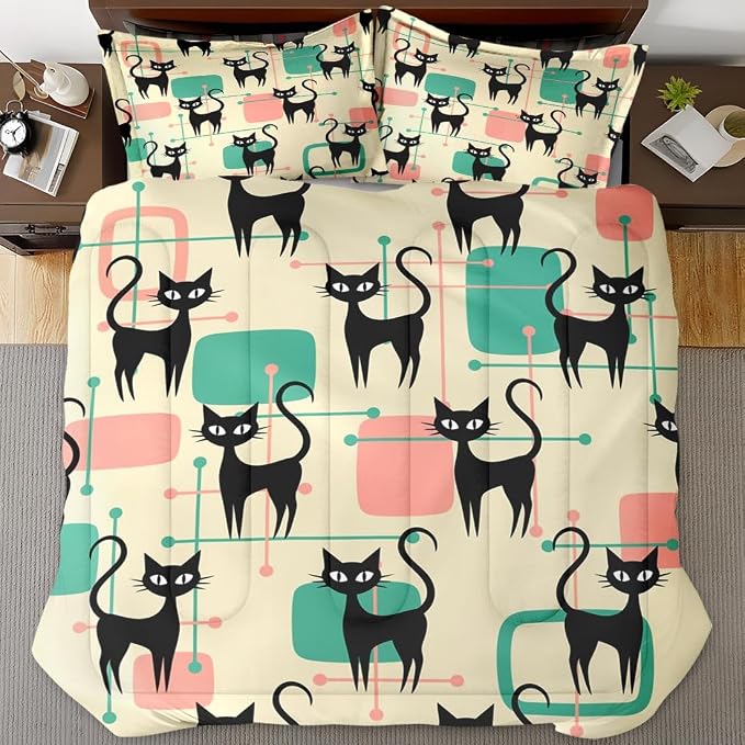 Mid Century Colorful Cat Queen Comforter Set, Atomic 50S Retro Bedding Set 3 Piece, All Season Soft Children Adults Bedroom Bed Decoration Comforter and 2 Pillow Shams
