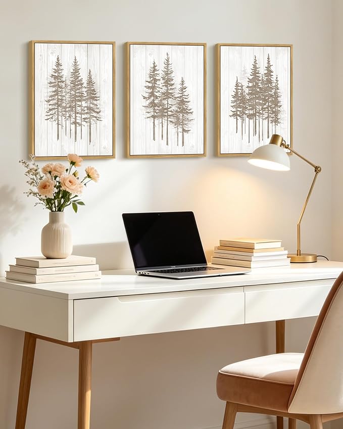 KUVIOKE Foggy Misty Pine Tree Framed Wall Art Watercolor Nature Abstract Forests Wall Decor Rustic Minimalist Painting for Bedroom Dining Room 12x16in (Natural Framed)