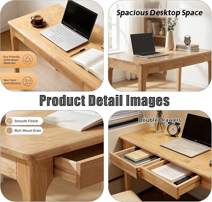 Solid Small Wood Desk with Storage, Wooden Writing Desk with Drawers, Mid Century Modern Desk for Bedroom & Small Spaces/Home Office (Wood)