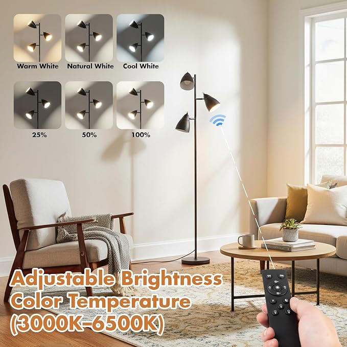 LALISU Tree Floor Lamp for Living Room, Industrial 3-Light Standing Lamp with 3 LED Bulbs, Adjustable Rotation Heads, Standing Tall Pole Lamp Farmhouse Rustic Reading Lamps (Brushed Black)
