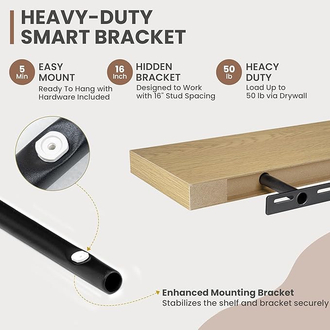 55 Inch Floating Shelves, 8 Inch Deep Floating Shelves for Wall, Hanging Shelf with Invisible Brackets, Deep Shelves for Bathroom, Bedroom, Living Room, Oak, Set of 1