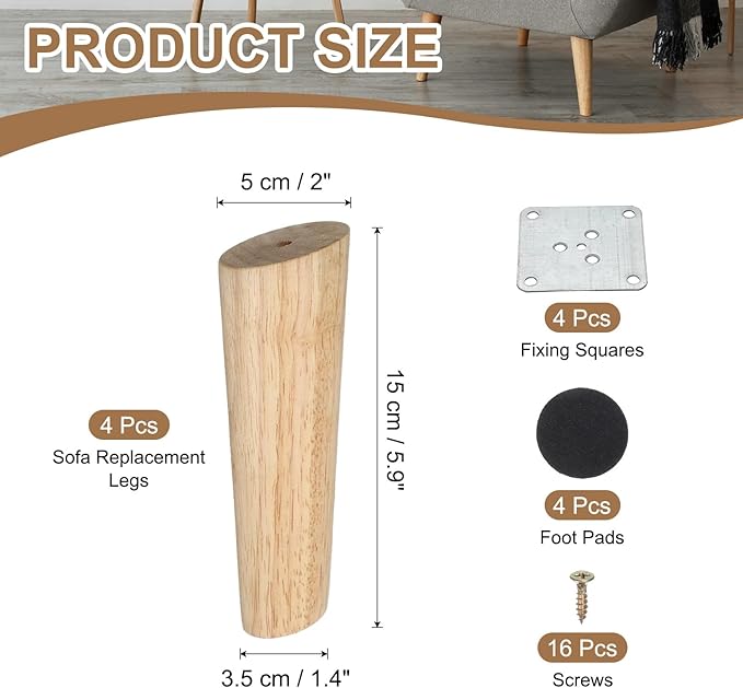 PATIKIL Wood Furniture Legs, 4Pcs 5.9" Tapered Replacement Sofa Leg for Chair Couch Bed Coffee Table Dresser, Wood Color