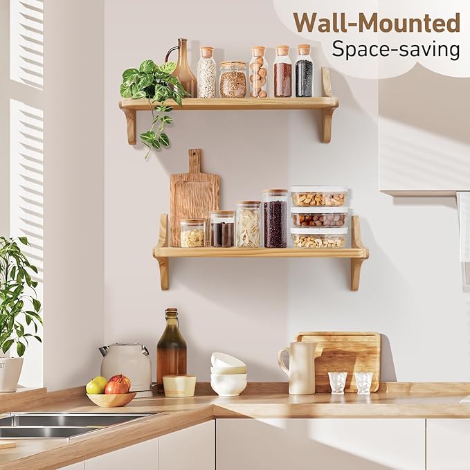 Wooden Floating Shelves for Wall, 23.6" W x 6" D x 0.8" H Large Wall Shelves, Hanging Storage Shelf with Sturdy Brackets for Living Room, Kitchen, Bathroom, Bedroom Decor, Natural, 2 Packs