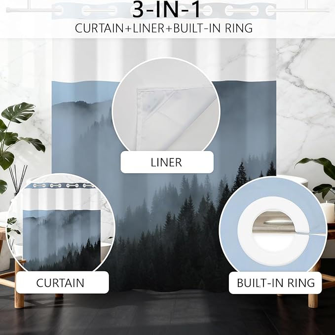 No Hook Forest Shower Curtain with Snap in Fabric Liner, Scenery Foggy Woodland Pattern, Blue Misty Forest Shower Curtains for Modern Bathroom, See Through Top Window, 71x74 Inch