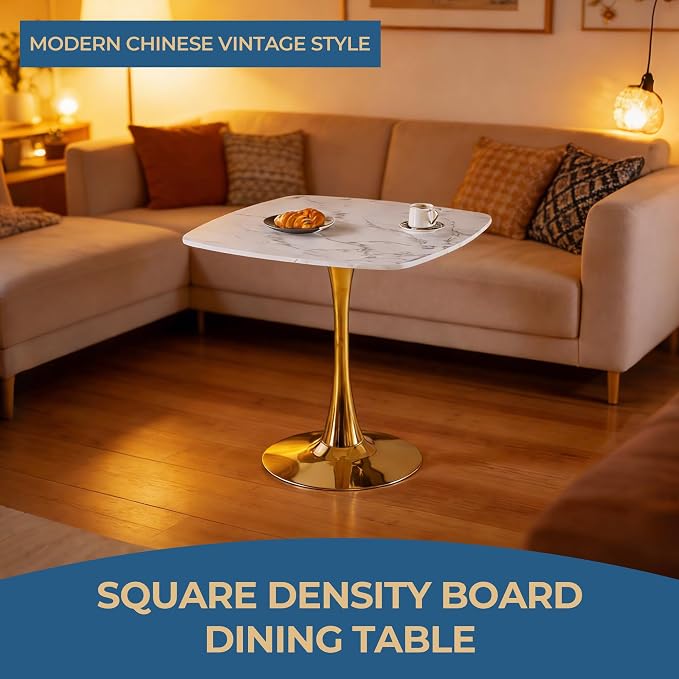 31.5 Inch White and Golden Square Dining Table for 2-4 Person,Mid-Century White Tulip Table Kitchen Dining Table with MDF Tabletop and Pedestal Base for Home Kitchen