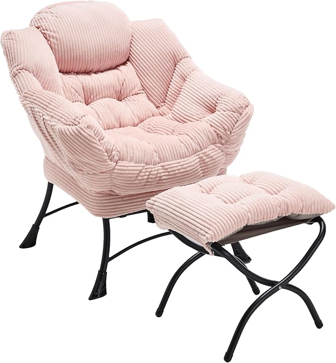 Lazy Chair with Ottoman, Comfy Lounge Chair for Reading, Relaxing, and Napping, Perfect for Living Room, Bedroom, or Office, Pink