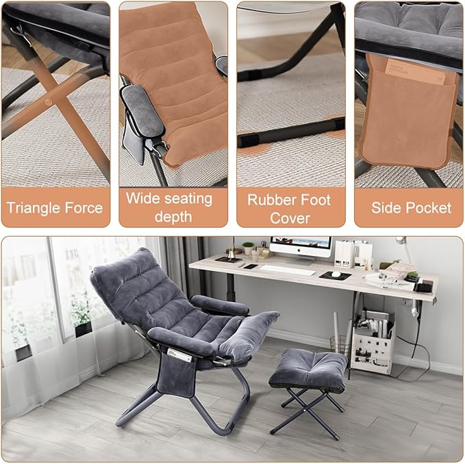 Lazy Chair with Ottoman, Folding Lounge Reclining Sofa Chair with Armrest Modern Comfy Lounge Chair with Side Pocket Leisure Chair for Bedroom, Living Room, Office, and Balcony, Grey