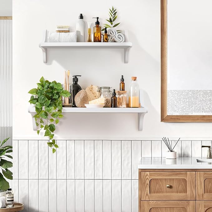 Wooden Floating Shelves for Wall, 23.6" W x 6" D x 0.8" H Large Wall Shelves, Hanging Storage Shelf with Sturdy Brackets for Living Room, Kitchen, Bathroom, Bedroom Decor, White, 2 Packs
