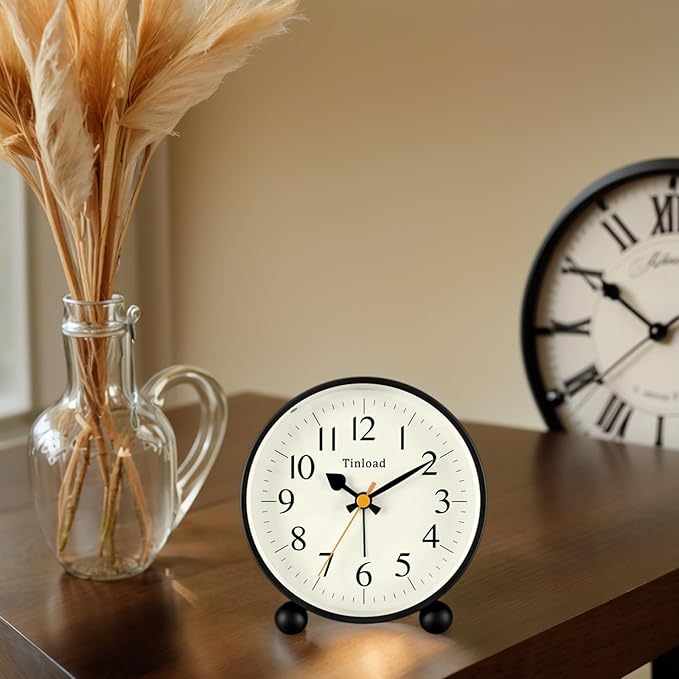 Tinload 4.5" Vintage Retro Analog Alarm Clock, Super Silent Non Ticking Small Clock with Manual Light, Snooze, Battery Operated, for Living Room, Bedroom, Bedside, Desk(Black)